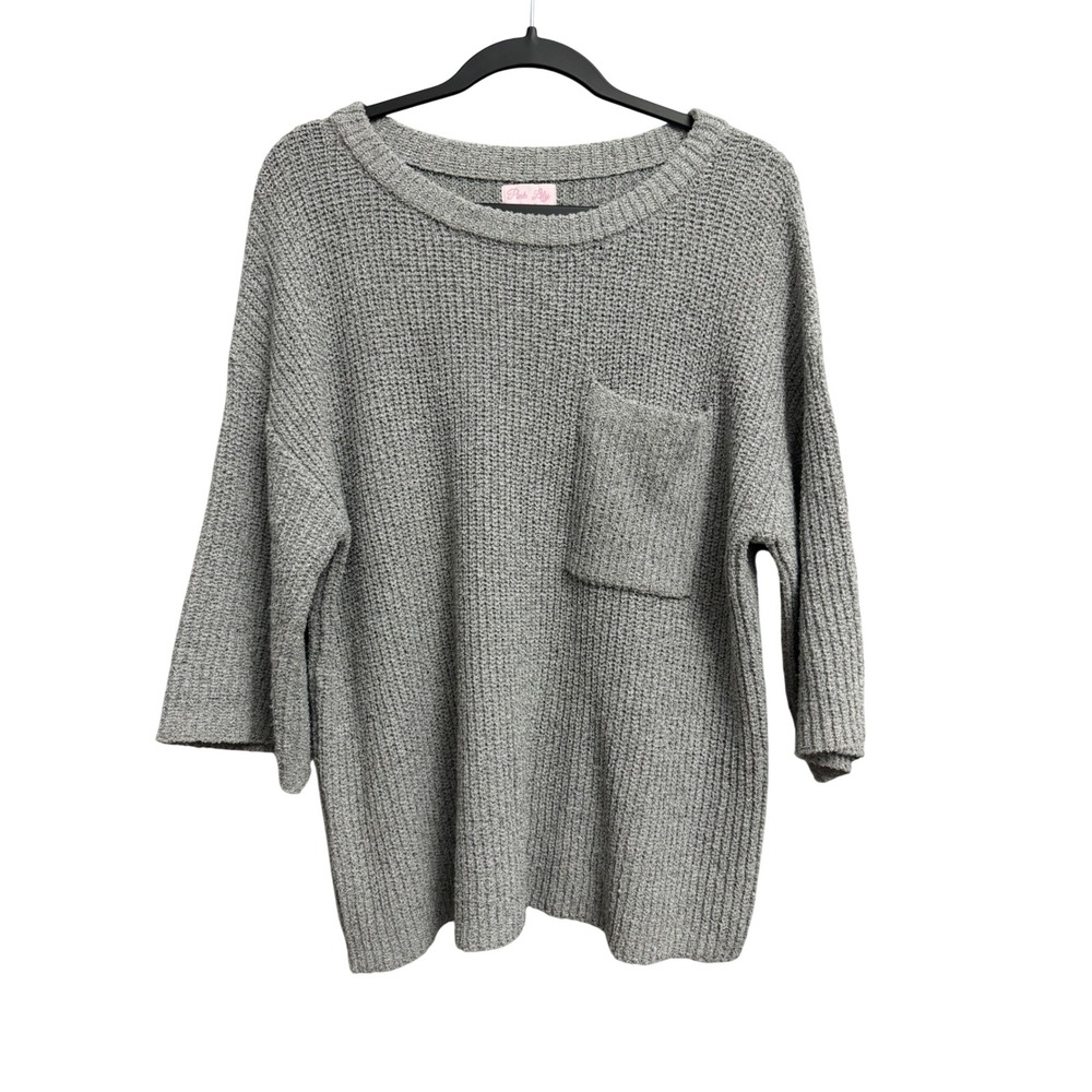 Pink Lily Grey Waffle Knit Oversized Pocket Sweater Small Lagenlook Minimal Cozy